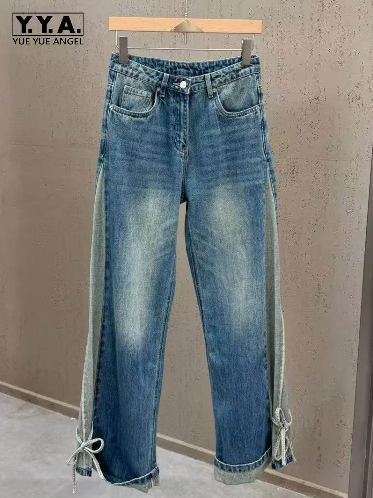 Calças Jeans Femininas de Cores Mistas com Laço, Cintura Alta e Perna Larga, Moda Primavera Verão, Novas Calças Casuais Femininas