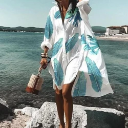 Primavera verão feminino solto camisa vestido casual manga longa impresso v neck praia camisa vestidos