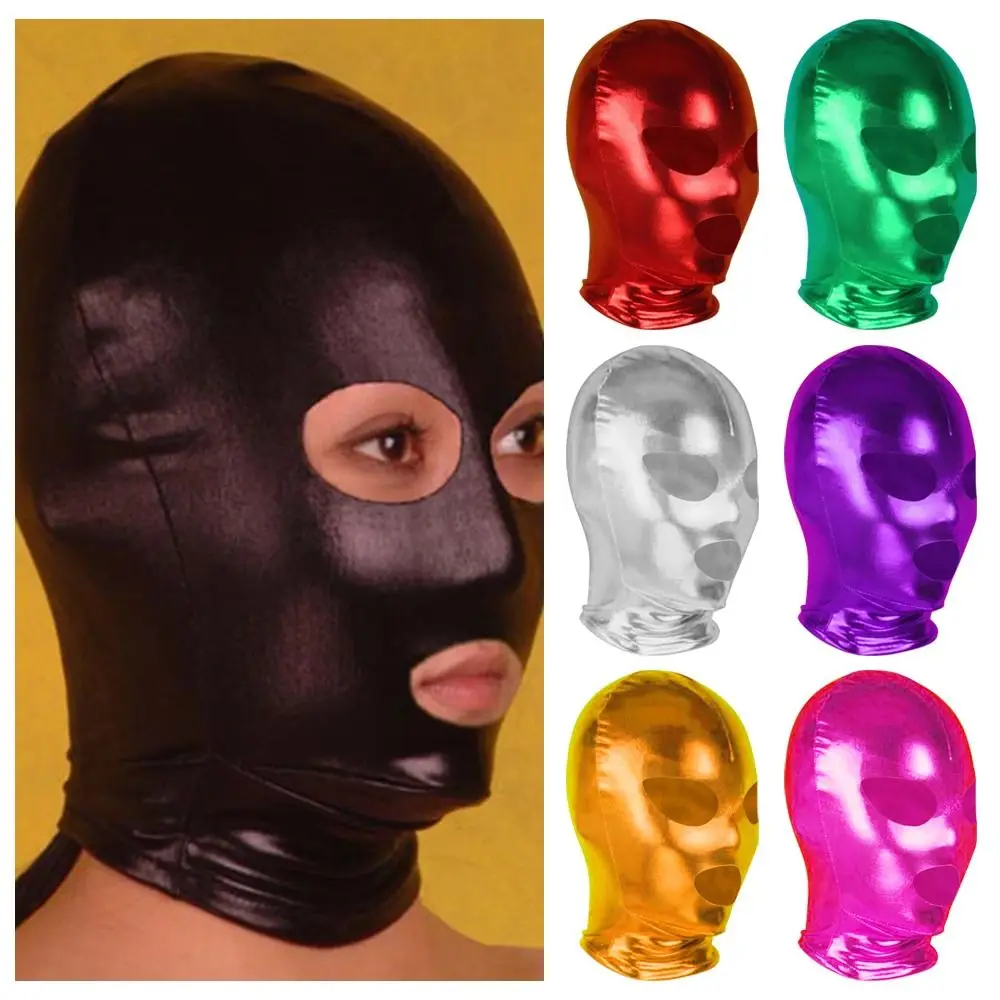 Open Mouthed Eye Adhesive Mask Unisex Women Mens Cosplay Face Mask Latex Shiny Metallic Hood for Role Play Costume