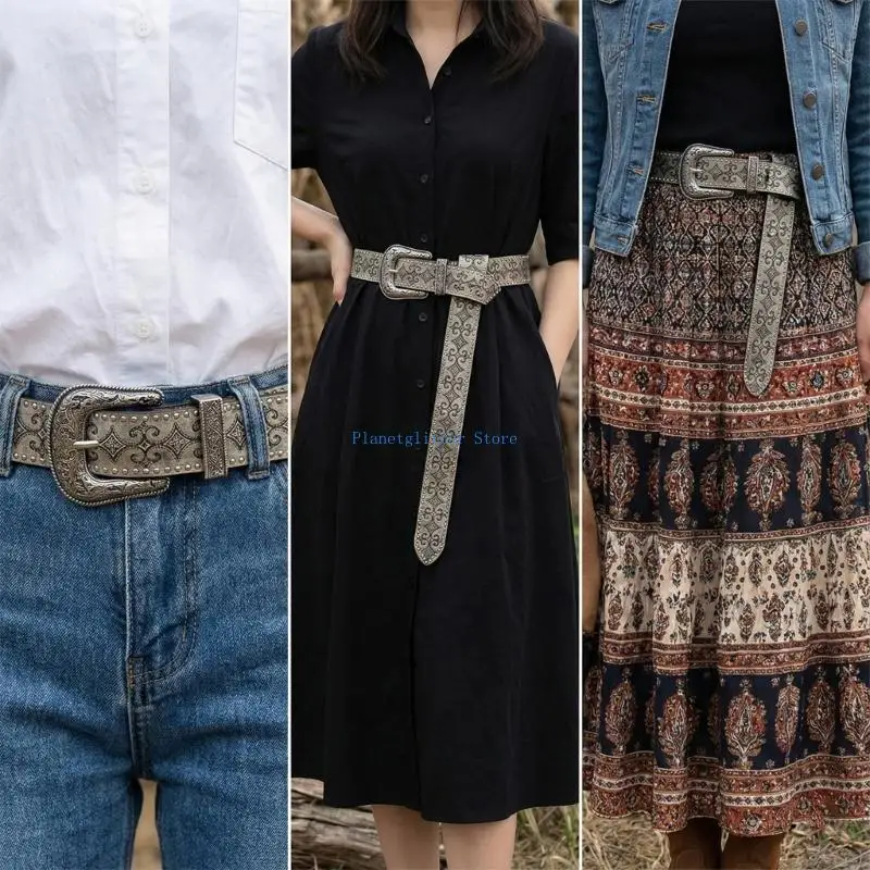 652B Classical Retro Belt Feature Western Charm Design Rivets Decoration PU Leather