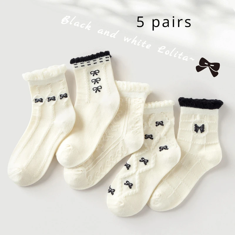 Five Pairs of Spring and Fall Children Cute Bow Princess Fashion Chic Lace Girls Breathable Comfortable Thin Socks