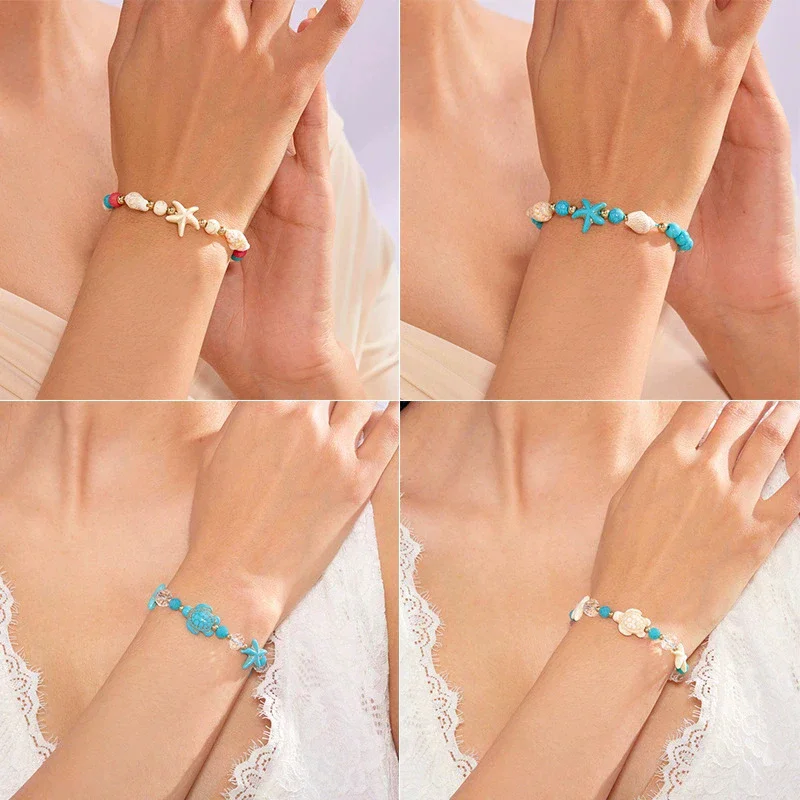 Boho Sea Shell Starfish Bracelet For Women Girls Fashion Tortoise Charm Handmade Woven Rope Beads Summer Jewelry Beach Gifts