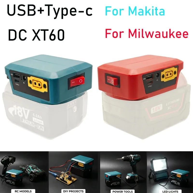 Bi-directional Charging Adapter For Makita/Milwaukee 18V Battery, With Digital Voltage Display DC XT60 USB Type-C Port