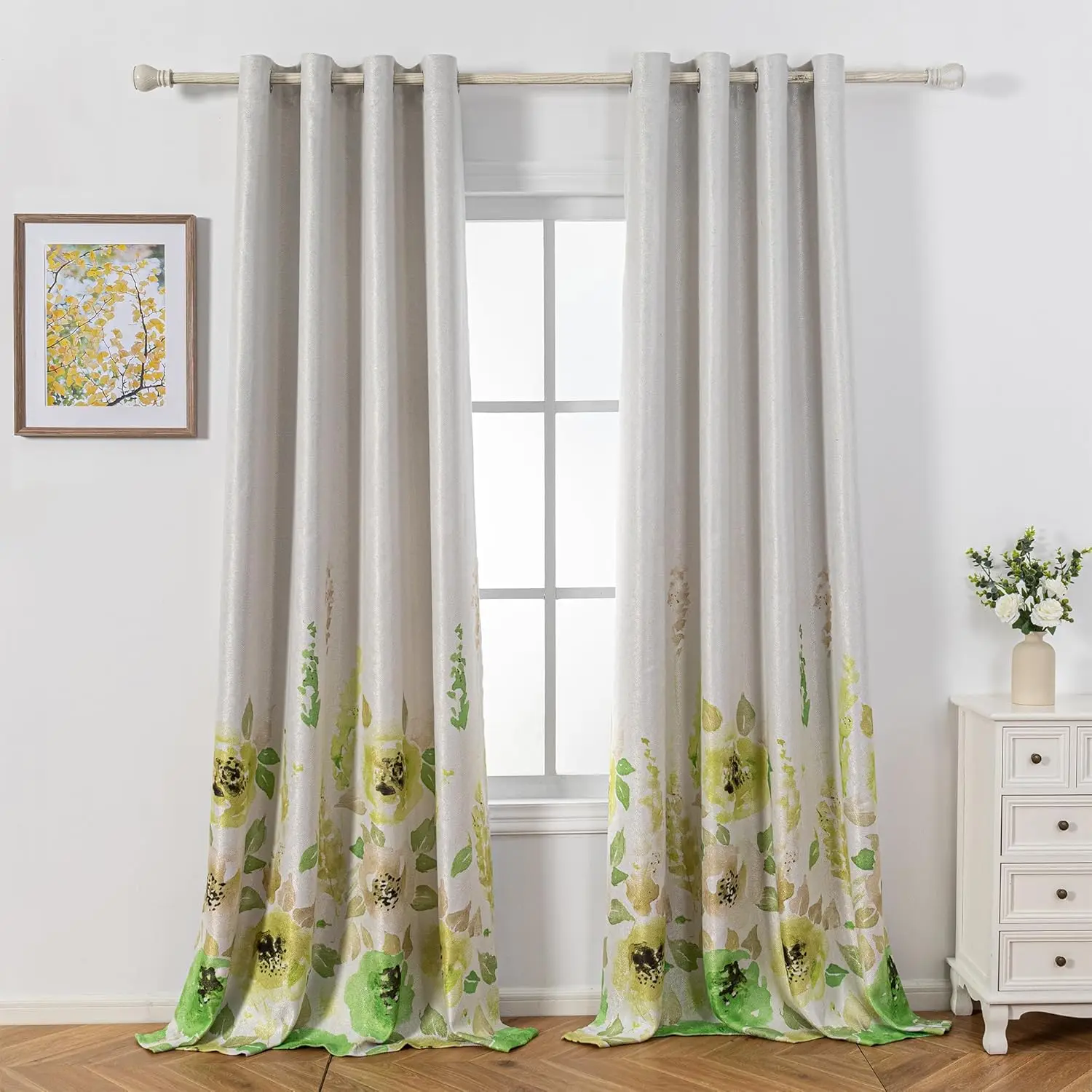 Mysky Set tirai bunga 95 inci, Cetak panjang 2 panel bunga Grommet isolasi termal Linen terlihat bertekstur tirai