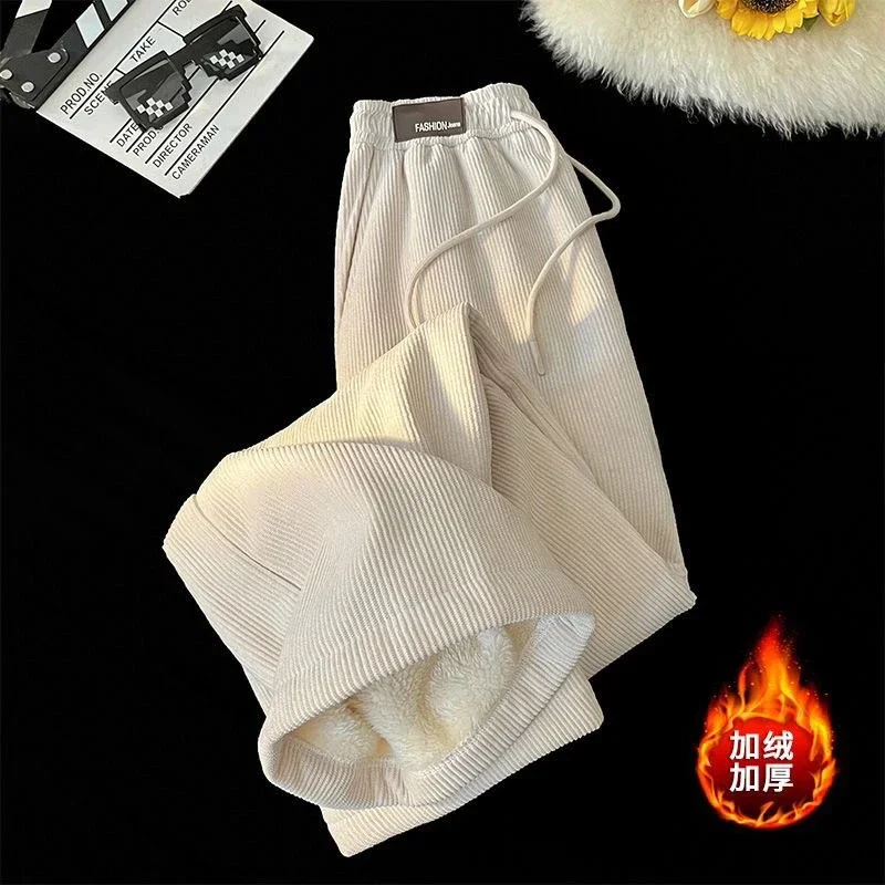 

American Retro Brown Color Pants Men's Plush Winter Corduroy Wide-leg Sweatpants