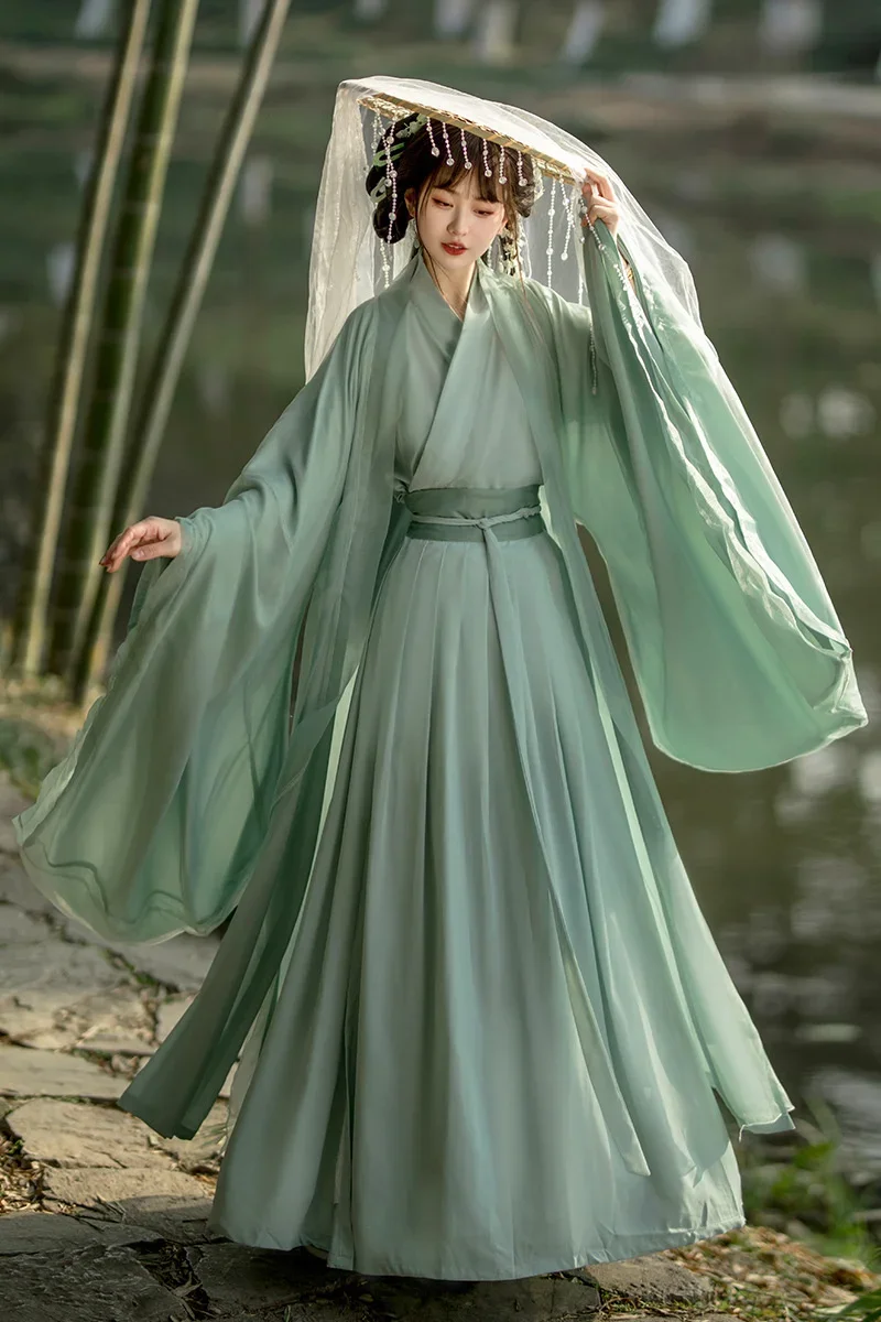 Hanfu Women Cross Collar Waist-length Skirt Summer Suit Chinese Style Hanfu Dress Chinese Traditional Fairy Green Skirt Costume