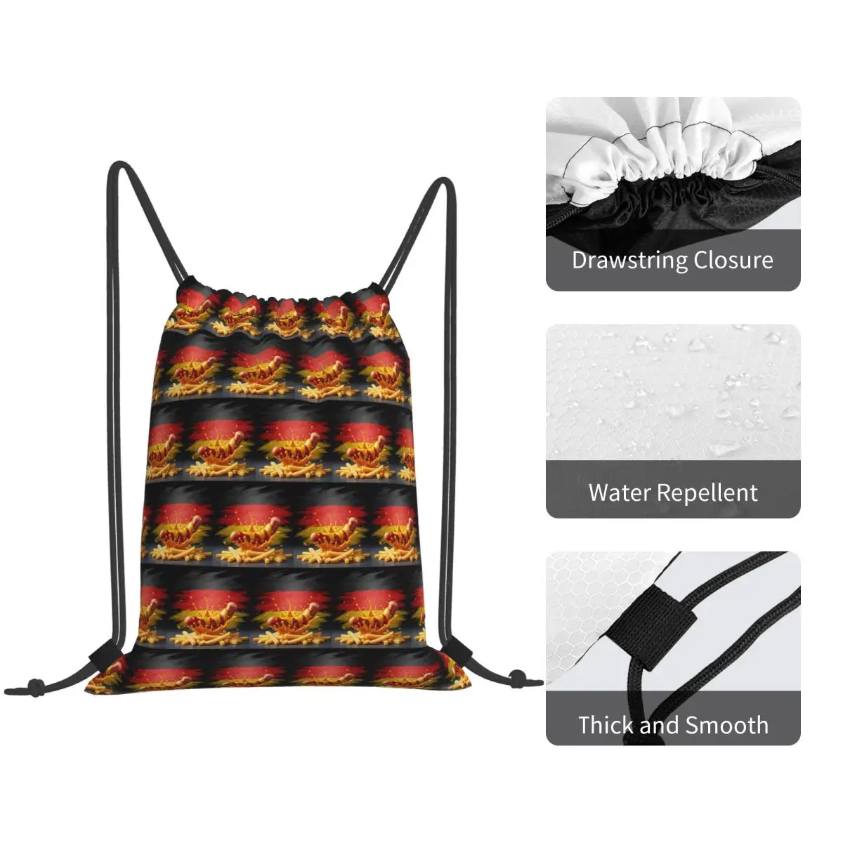 German Streetfood Explosion Currywurst And Fries Backpacks Drawstring Bags Sports Bag Book Bags for Man Woman Students