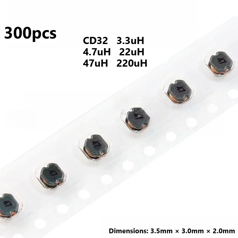 CD32 Power Inductor Kit 300Pcs 5 Values 3.3uH-220uH SMD for DIY