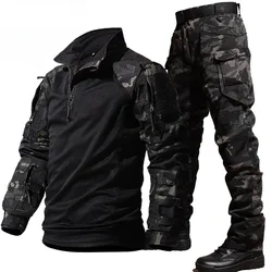 Men's Hunting Tactical Suit Outdoor Durable Breathable T-shirt Cargo Pants Set Waterproof Suits Multiple Pockets Camo 2 Pcs Set