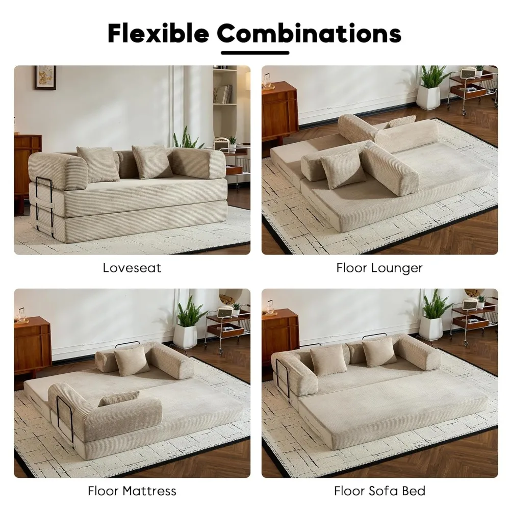 Corduroy Floor Sofa Bed, Convertible Folding Couch Bed with Fixed-Shape Frame and Armrest, Customized