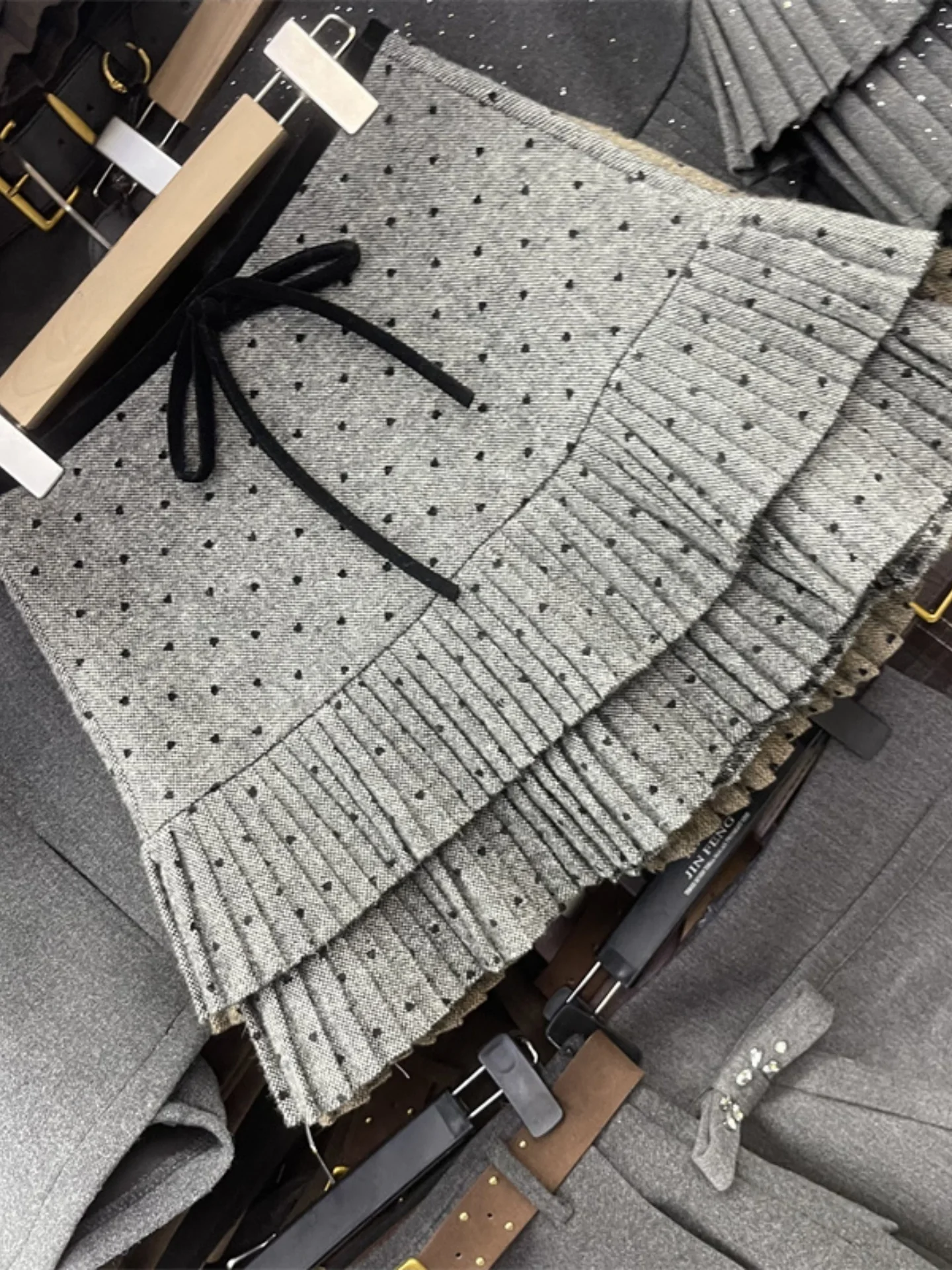 Gray Atmosphere Polka Dot  Knot Half Skirt Women's High Waist Pure Desire Wool Plaid Skirt Spring New Style A-Line S...