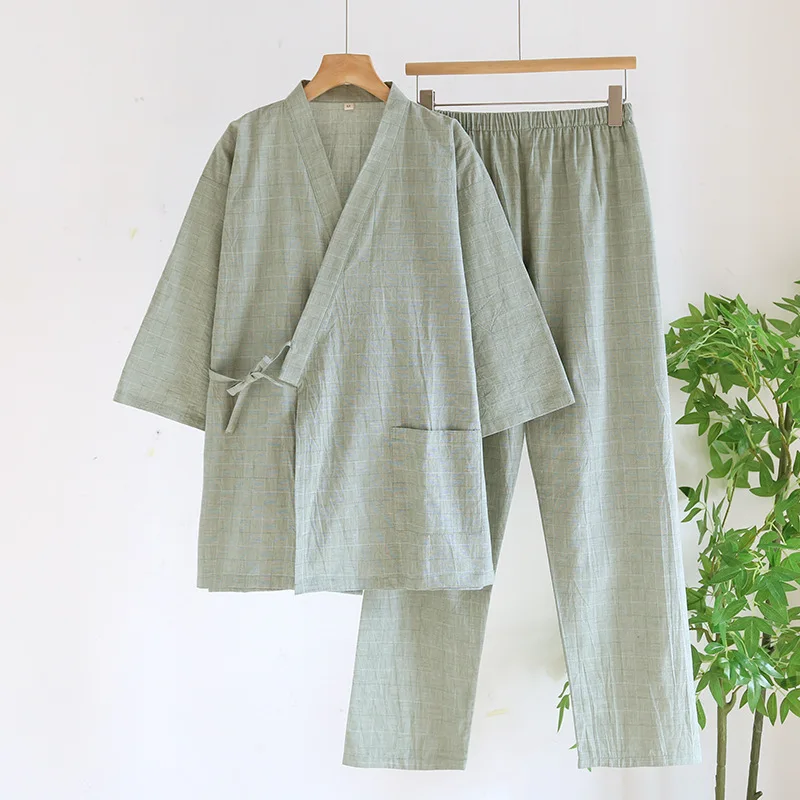 Couple Cotton Kimono Robes Pants Pajamas Clothes Thin Spring and Autumn Home Clothes Loose Casual Men Robe Sets