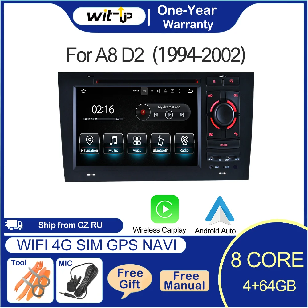 

Wit-Up for Audi A8 S8 D2 4+64GB 7"Android 12 Touch Screen Radio Stereo GPS Navi Head Unit DVD Play Auto CarPlay Fullscreen