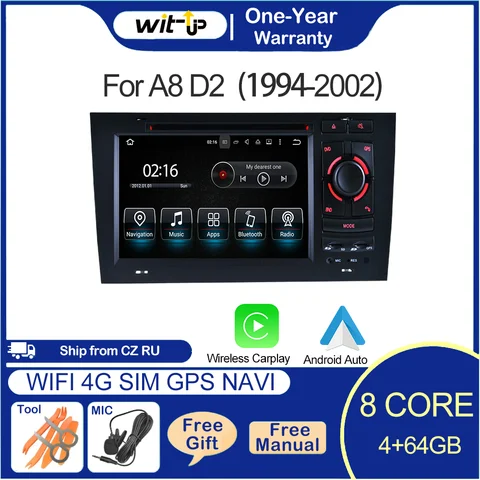 위트-Up-아우디 A8 S8 D2 4 + 64GB 7 인치 안드로이드 12 터치스크린 라디오 스테레오 GPS 내비게이션 헤드 유닛 DVD, Android 12 Touch Screen 카 플레이 풀 스크린