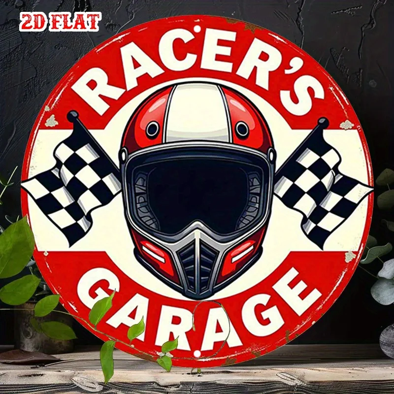 2D Flat, 1pc Vintage Racer's Garage Round Aluminum Sign - 19.99x19.99 cm Retro Speed Design Metal Wall Decor with Checkered Flag