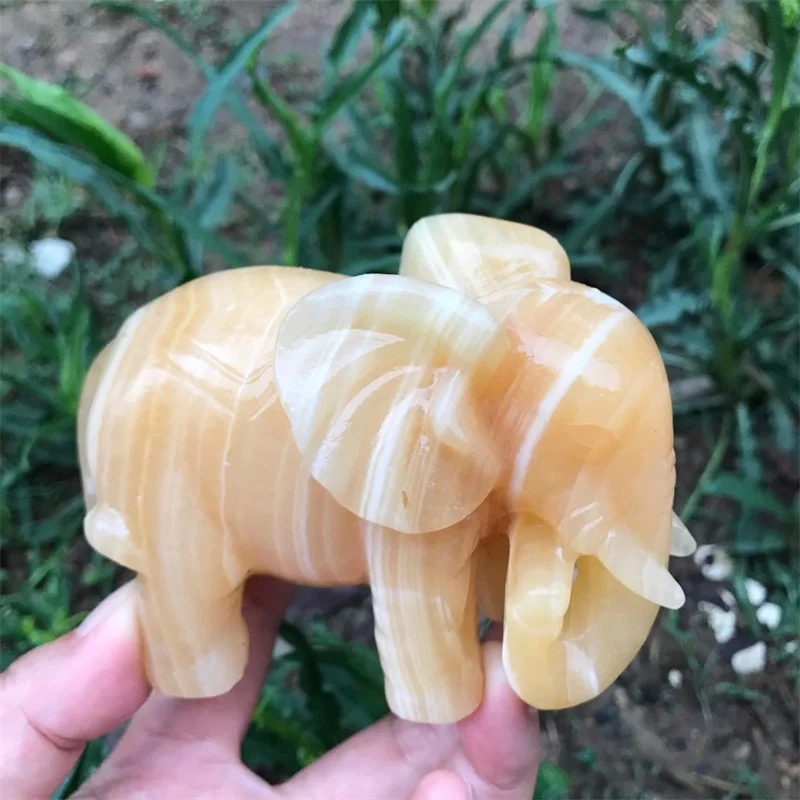 Natural Yellow Calcite Stone Craving Lucky Elephant Feng Shui Statue Figurine Home Office Ornaments Room Decor