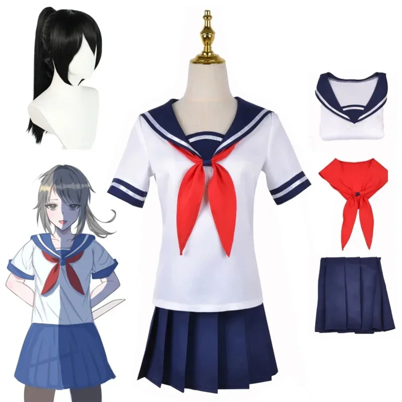 Game Yandere Simulator Ayano Aishi Cosplay Costume Top Skirt Bow Tie Wig Full Set Girls Role Play JK Sailor Uniform Halloween