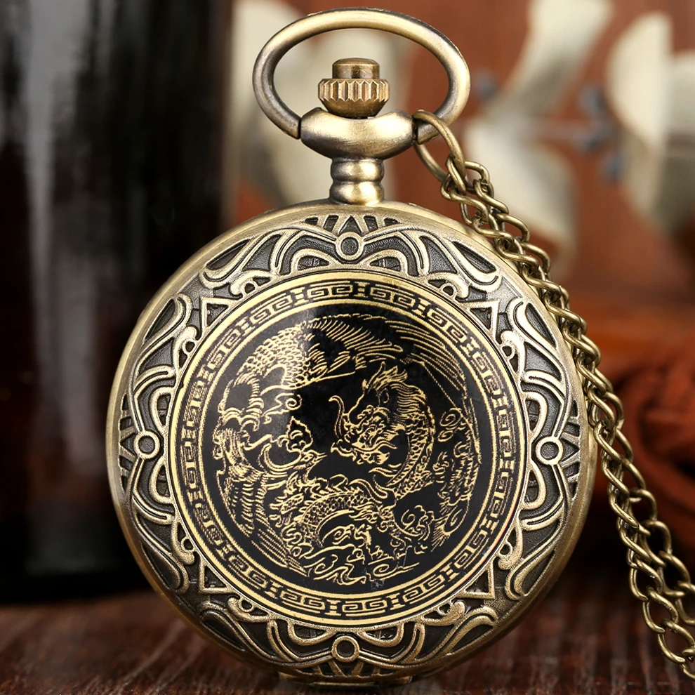 

Bronze Punk Vintage Dragon Phoenix Enamel Patch Design Quartz Pocket Watch Arabic Numerals Dial Retro Pendant Necklace for Man