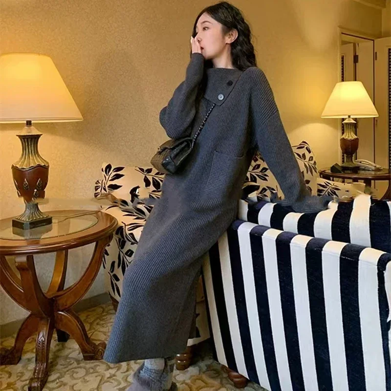 

Korean Casual Commuter High Collar Loose Thickened Warm Pullover Long Dress autumn Winter Women's Sweater Dresses Women Clothes