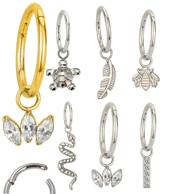 

ASTM F136 Titanium PIERC Hinged Segment Hoop Earrings CZ Paved Tragus Ear Nose Ring Snake/bee/feather/Tortoise/Dangle Piercing
