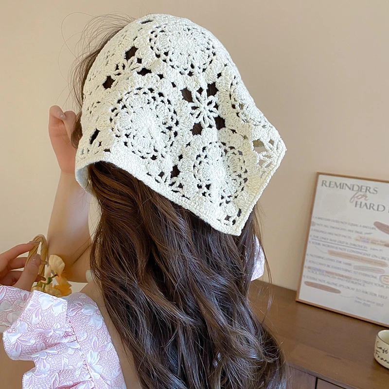 

Lace Triangle Hair Scarf Headband Hollow Knitted Flowers Headscarf Hair Tie Band Personality Women Headwarp Hair Accessories