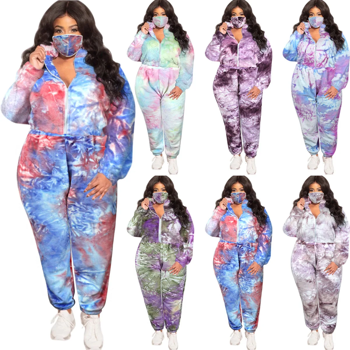 FNOCE Women\'s Clothing Plus Size Sets 2023 Flannel Tie-Dye Home Three-Piece Suit Large Fashion Casual Set Urban Autumn Cotton