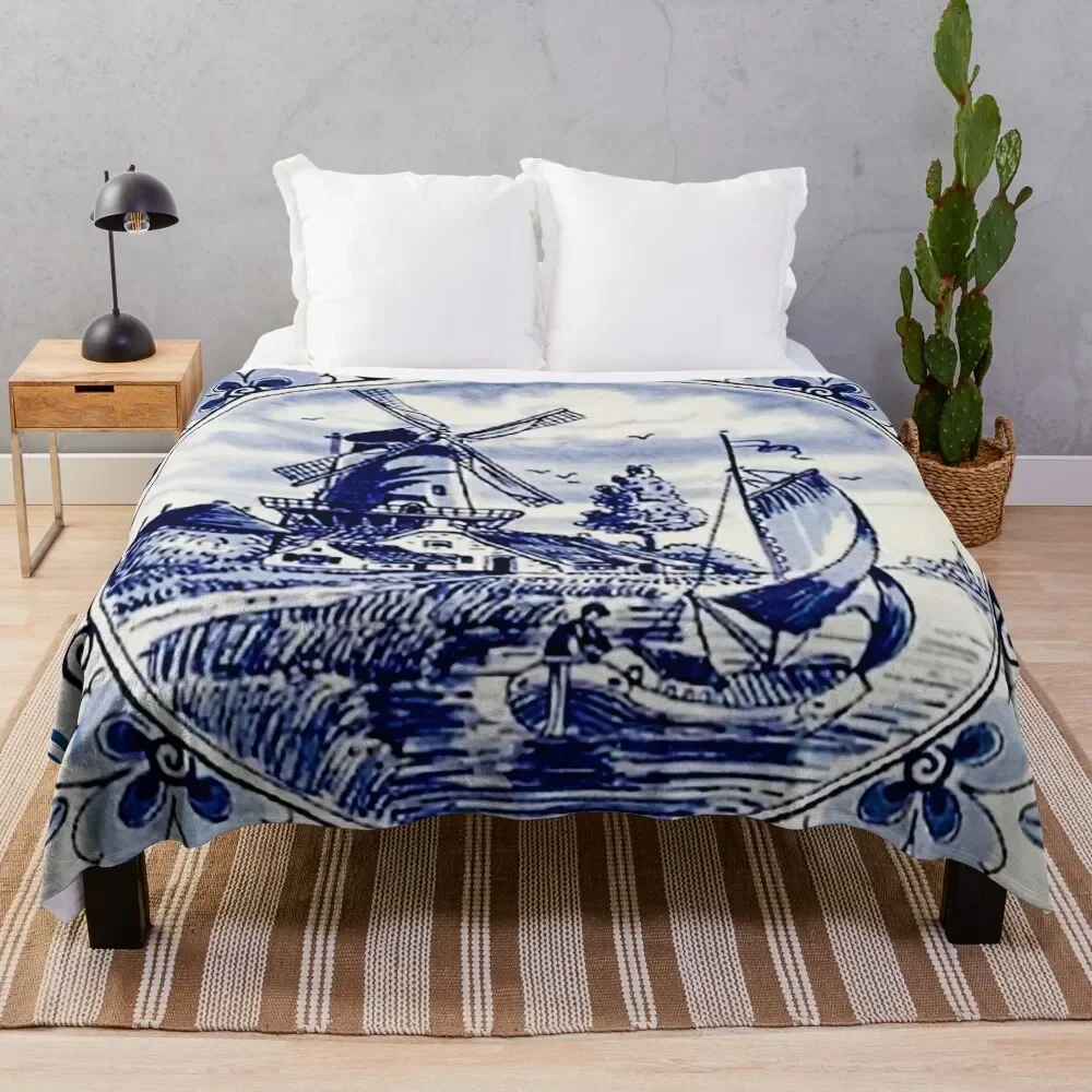 

Vintage Windmill Poster In Dutch Blue Delft Throw Blanket Lightweight Warm Blanket for Travel Camping