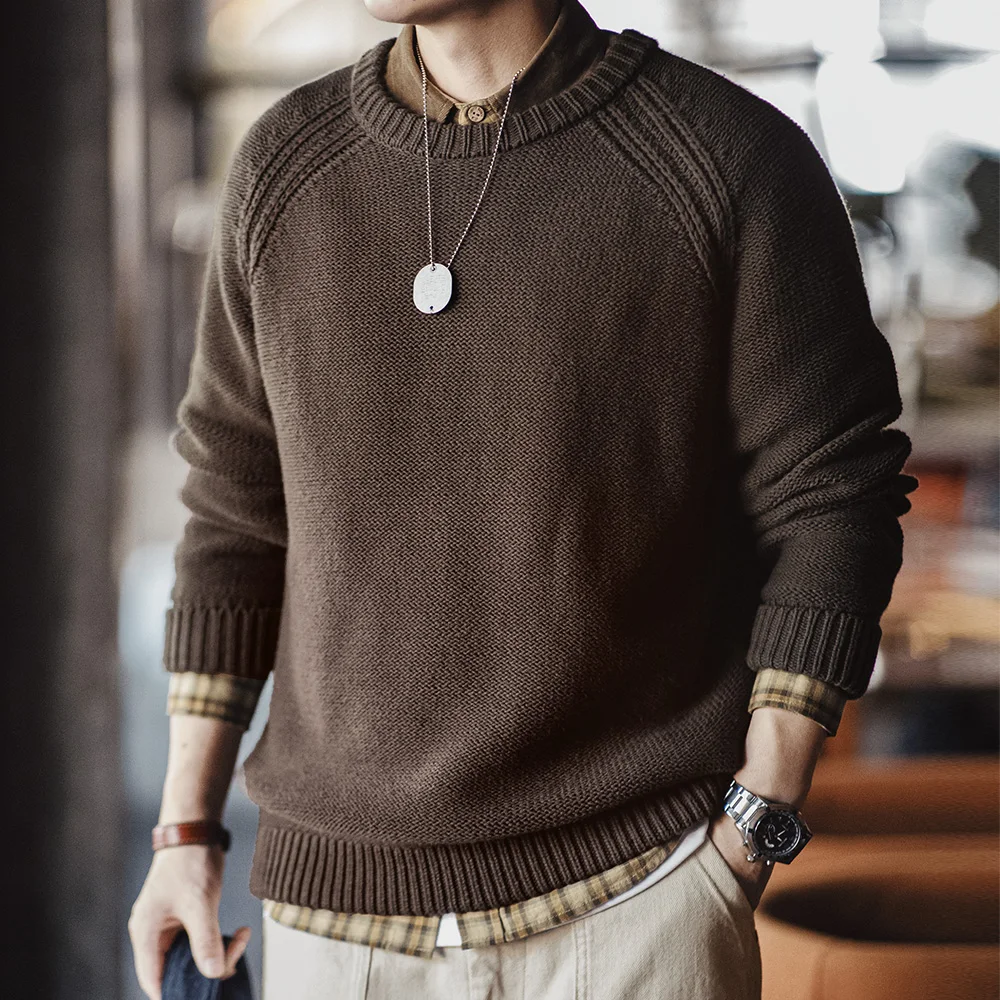 Maden New Vintage Heavyweight Knitted Crew-neck Sweater Brown Warm Pullover Men's Versatile Top for Autumn and Winter Knitwear