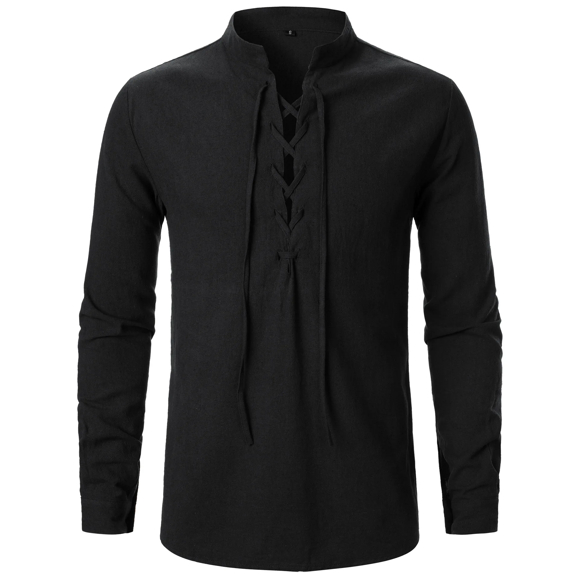 

summer trend fashionable men's short-sleeved T-shirt cotton linen collar necktie henry shirt hippie leisure long-leeved shirt