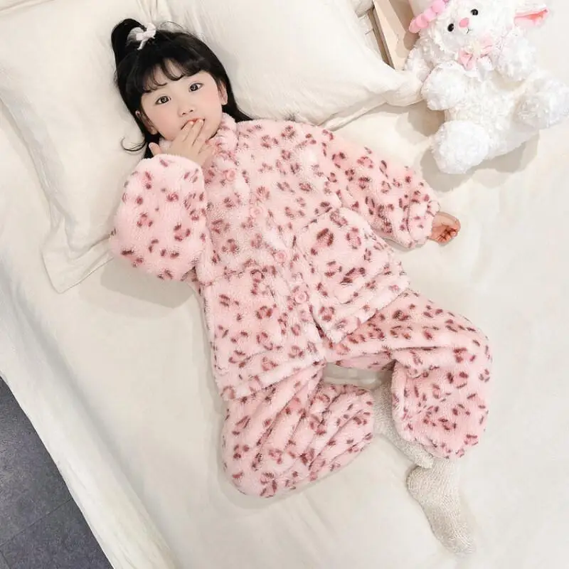 

Пижамный комплект с леопардовым принтом для девочек, осенне-зимняя домашняя одежда из кораллового флиса, теплая мягкая новая модная пижамная одежда, детская одежда
