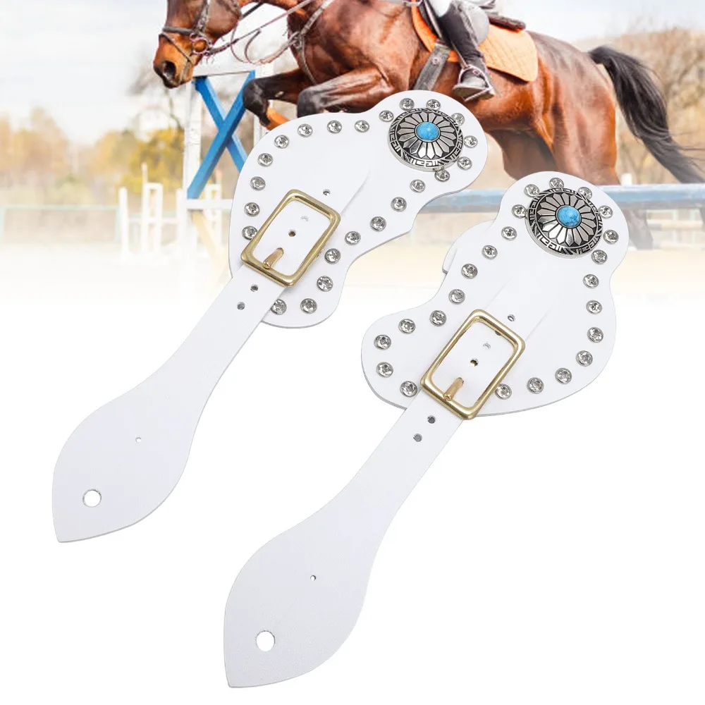 1 Pair （2pcs） Faux Nappa Leather Spur Strap Set Adjustable Length White or Black Leather Spur Strap Rhinestone Decorations