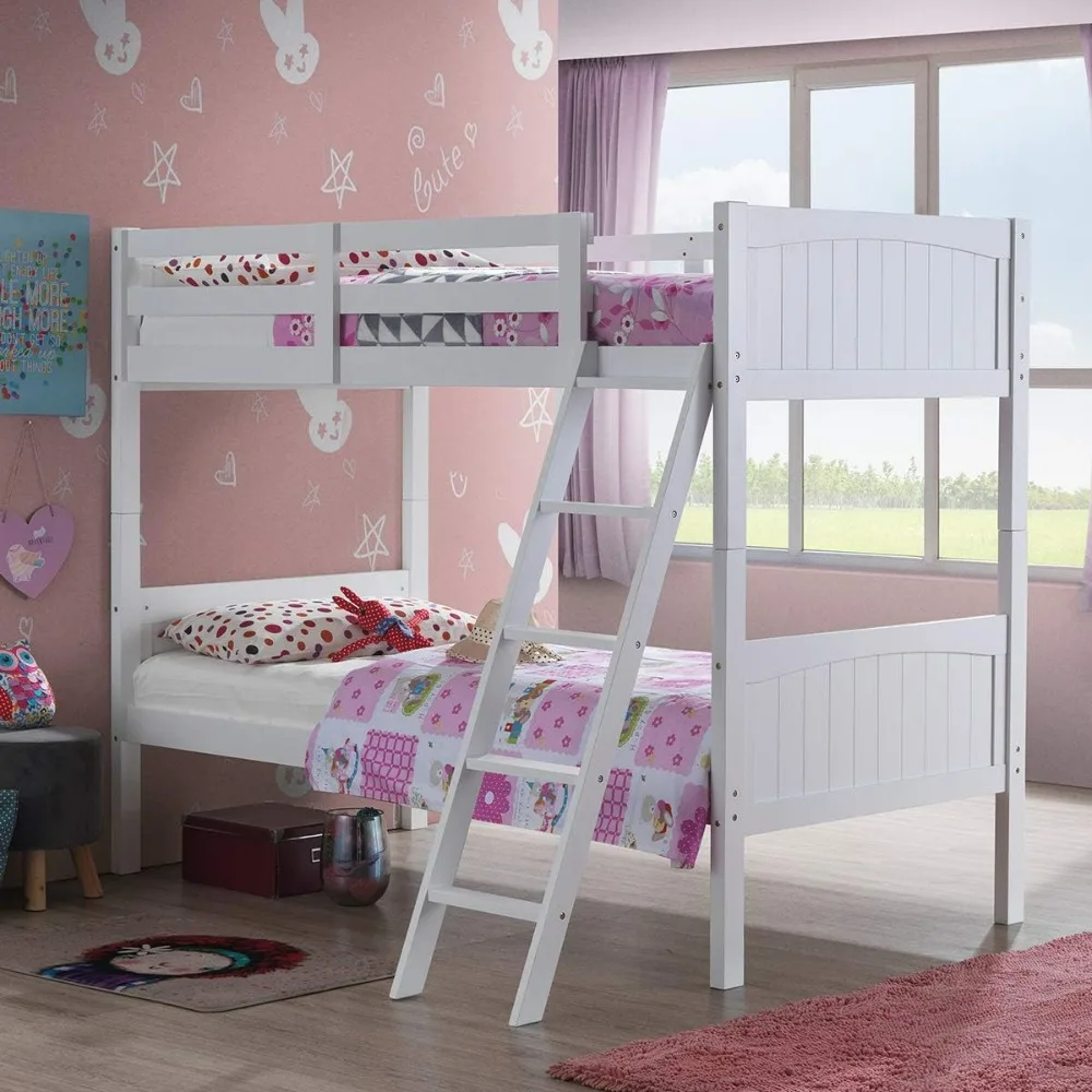 Wood Twin Over Twin Bunk Convertible matras 2 kasur Twin Individual untuk anak-anak, kasur tingkat karet Solid dengan tangga