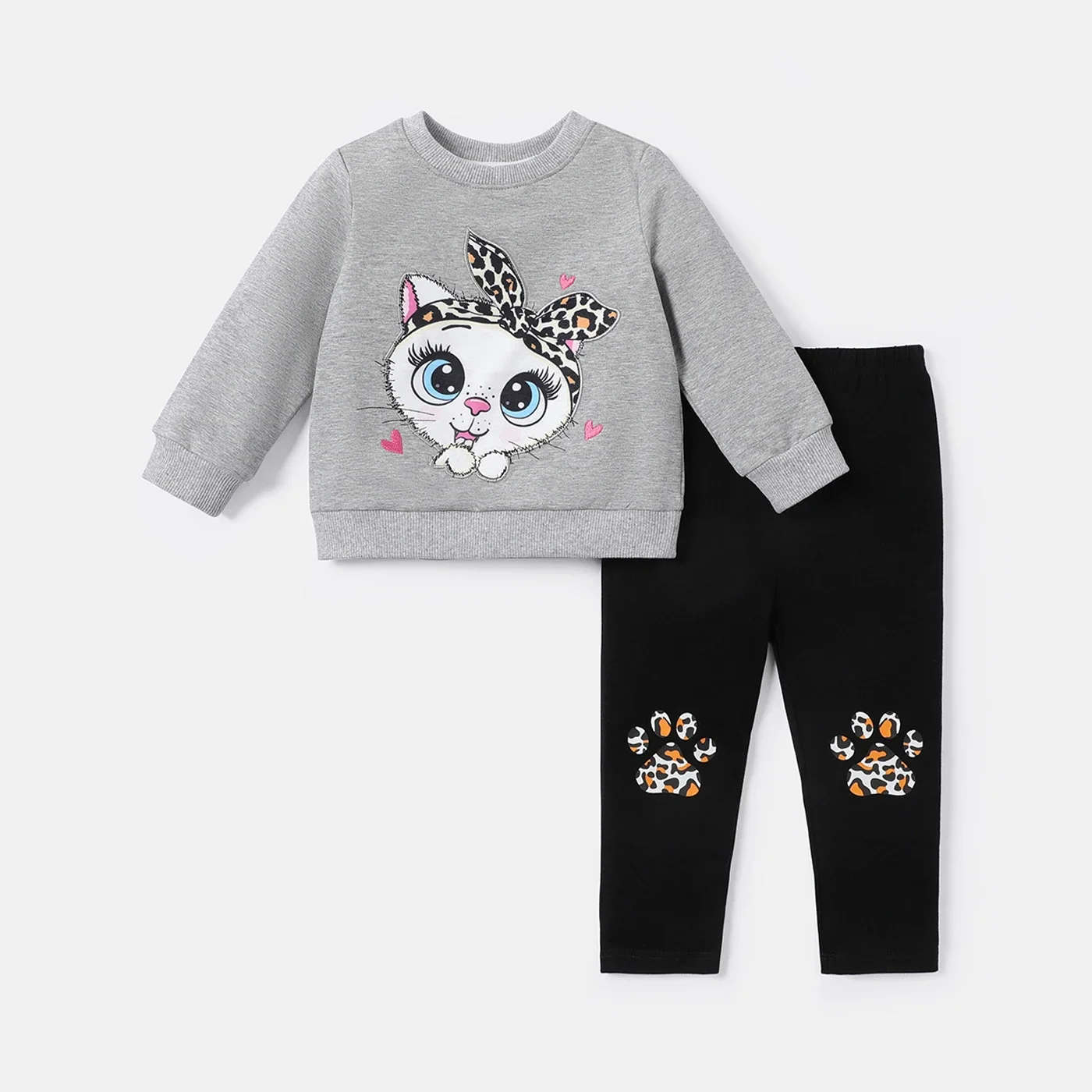 PatPat 2pcs Baby Girl Cat Embroidered Long-sleeve Sweatshirt and Pants Set Perfect for Outings and Daily Wear Basic Style