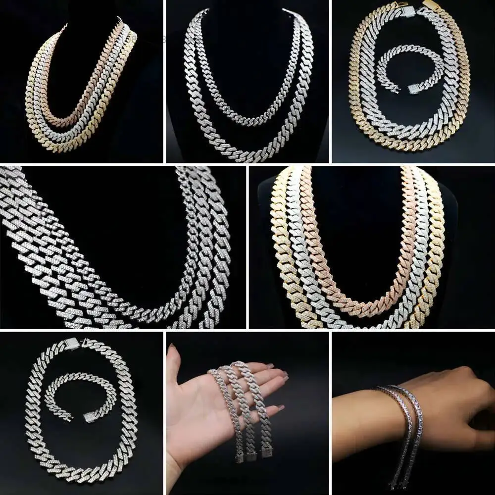 Luxury Oem 925 Silver Iced Out Moissanite Diamond Cuban Chain 20mm Hiphop 3 Rows of Diamond Bracelet 18k Gold Plated for Men Jew
