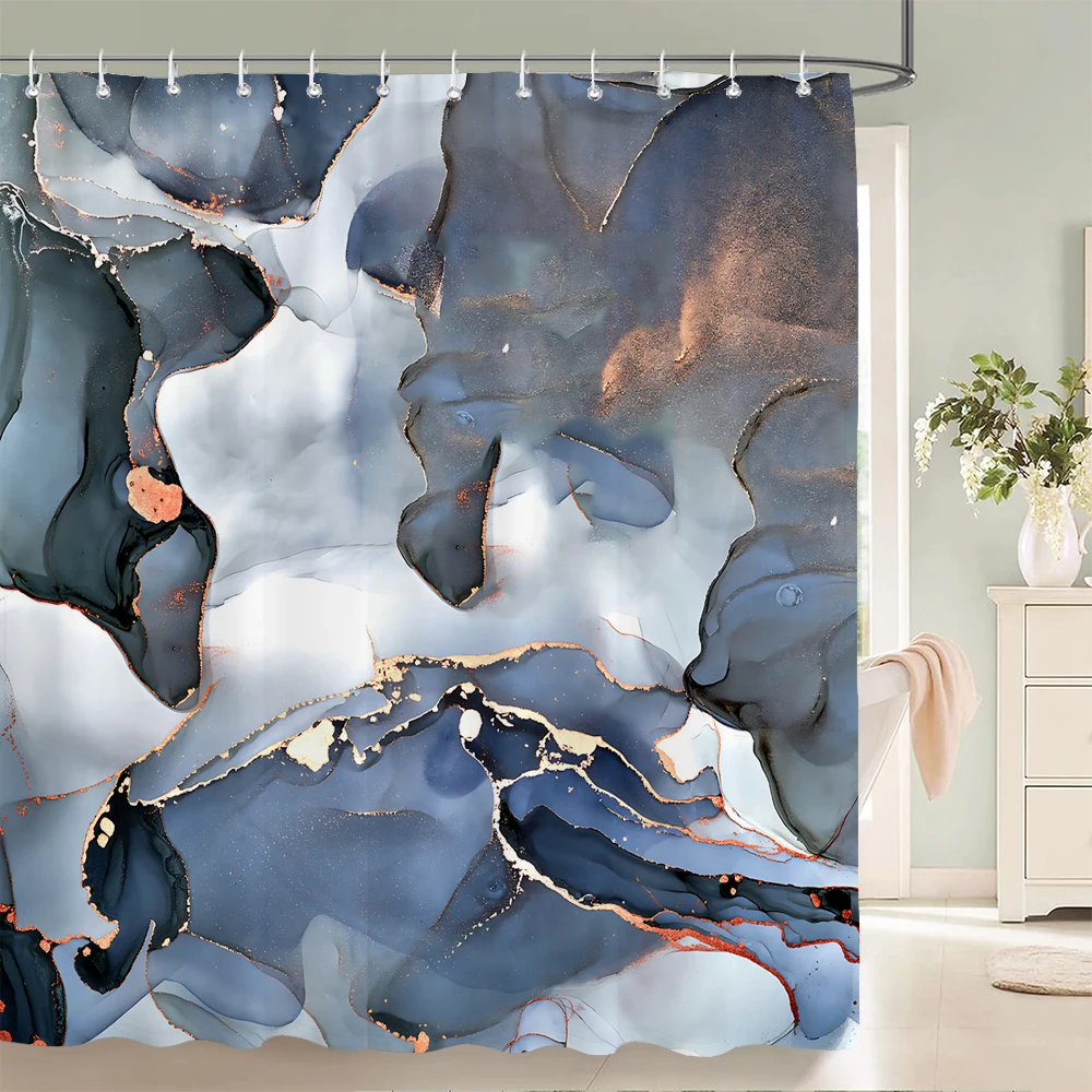 Blue Gold Marble Ink Texture Shower Curtain Abstract Modern Shower Curtain for Bathroom Decor with Hooks 3D Bathroom Screen