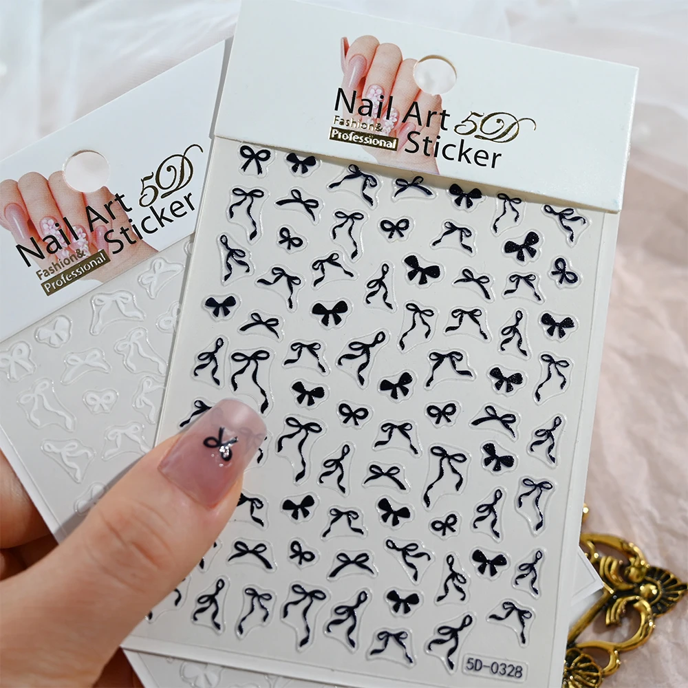 1pcs 5D Sweet Bow Nail Sticker Kawaii Pink Black White Long Ribbon Bowknot Self Adhesive Nail Art Stickers Decoration Decals DIY