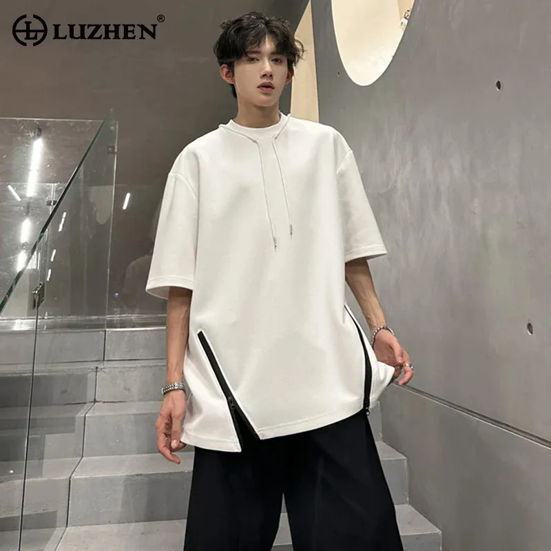 

LUZHEN Color Contrast Zipper Decorate Loose Short Sleeve T-shirts Men's 2025 Summer Round Neck Handsome Male Clothes Tops JY2989