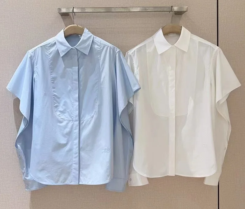 탑 패션 디자이너 블라우스 셔츠 2025 봄 여름 레이디 턴 다운 칼라 루렉스 자수 중공 슬리브 블루 화이트 셔츠