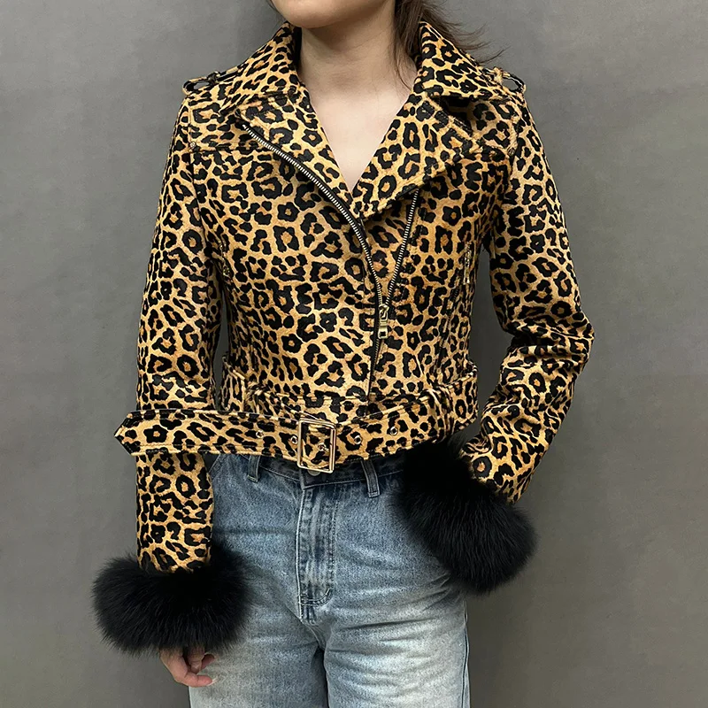 2024 New Women Genuine Sheepskin Leather Jacket Fashion Winter Leopard Print Leather Coat with Fox Fur Cuffs Lady Autumn GT6321