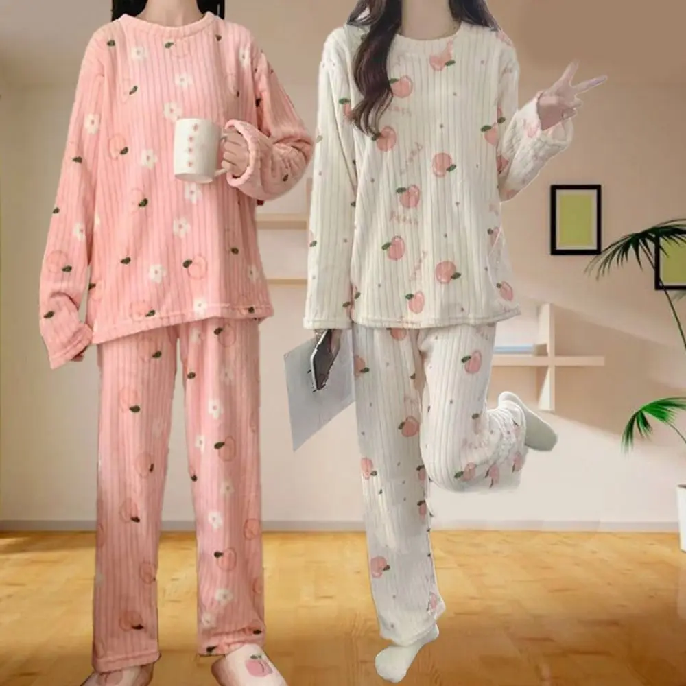 

Comfortable Cute Bear Velvet Sleepwear Set Flower Long Sleeve Pajama Suit Peach Nightwear Winter Thick Warm Pajamas Girl Gift