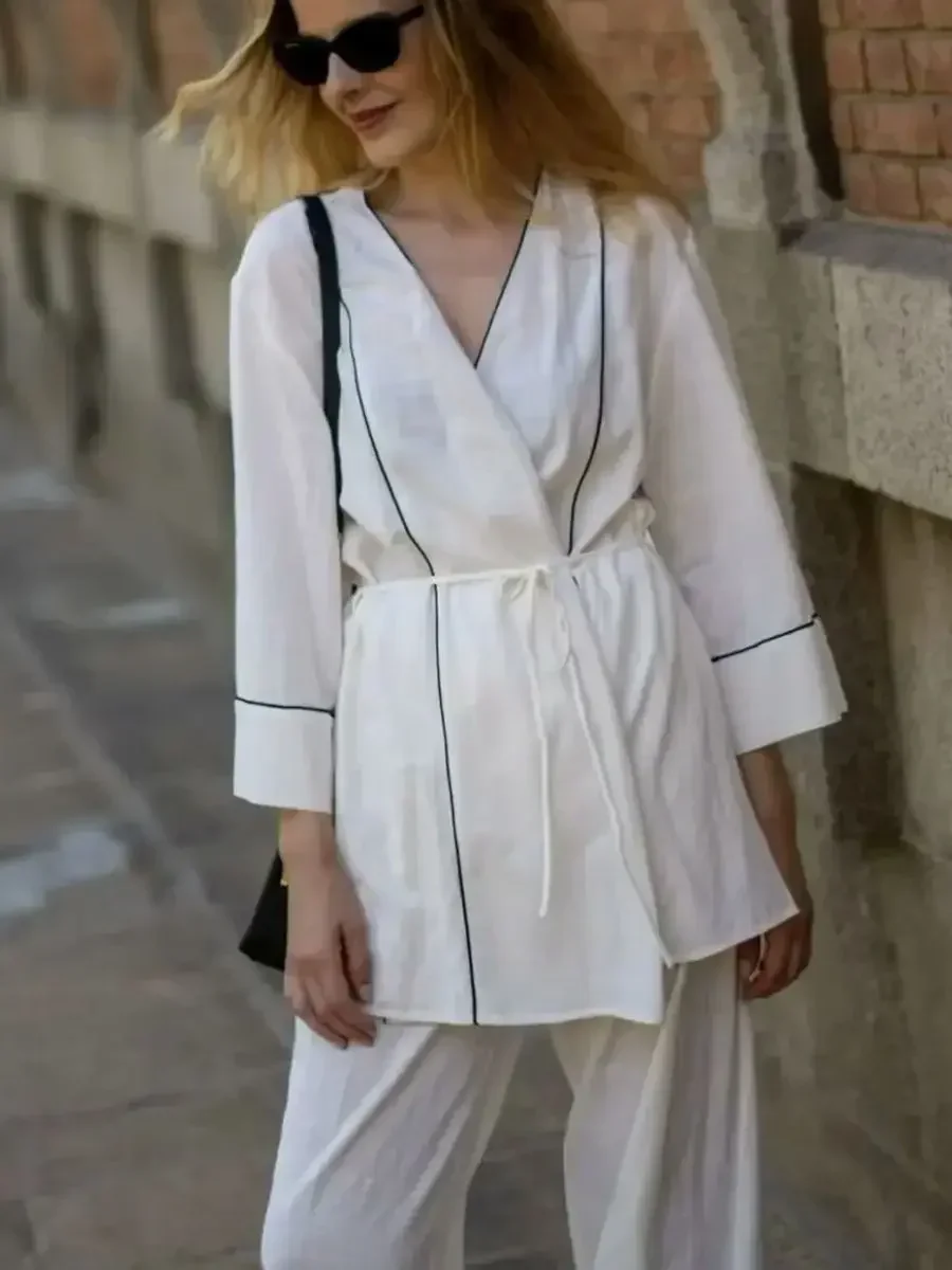 

2025 New Women Fashion Double Breasted Cross V Neck Black Line Stitch Kimono Blouse Female Shirt Chic Tops