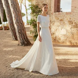 Hot Sale Summer Beach Wedding Dresses Boho 2024 Bride Dresses Lace Short Sleeves Bridal Gowns Back Out Wedding Gowns Round Neck