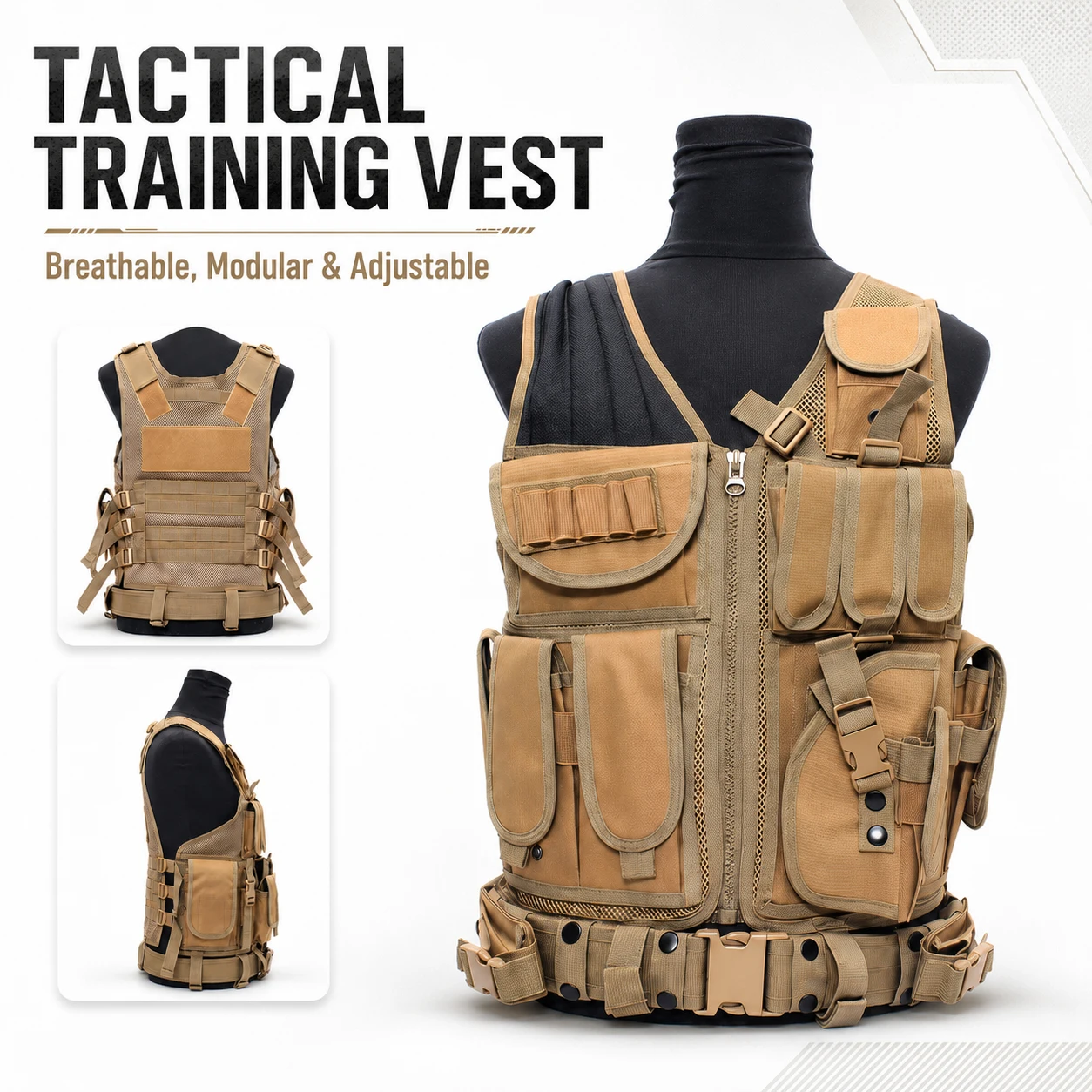 Tactical Vest Modular Training Vest Adjustable Breathable Molle Combat Vest for Airsoft Hunting Outdoor Sports