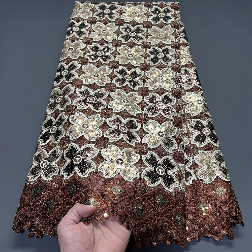 Latest  2026 High Quality African Nigerian With Tulle Sewing Guipure Lace Fabric Embroidery Dresses Sequins 5Yards PS0078