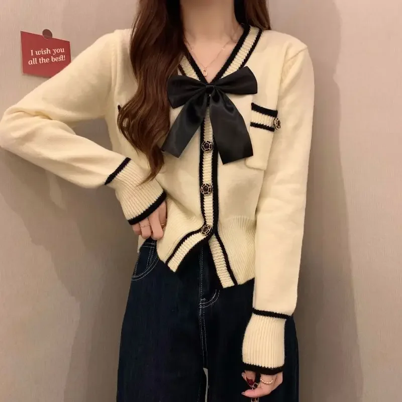 Deeptown Coquette Bow Cardigan Sweater Woman Elegant Knitted Tops Korean Fashion Sweet Cute Autumn Winter Long Sleeve Sweaters