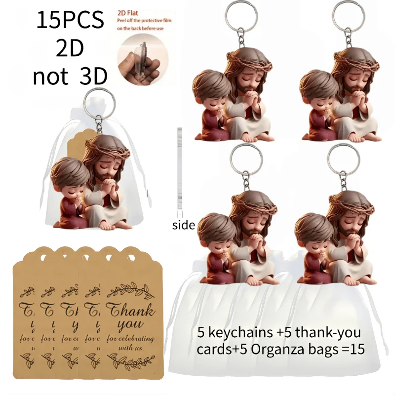 5sets Praying Hands Keychains Includes Acrylic 2D Pendants & Thank You Cards & Organza Bags Prayer Ornaments Holiday Decorations