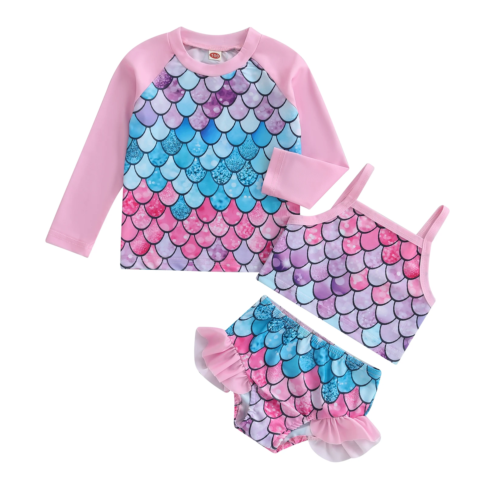 

Kids Girl 3 Piece Swimsuits Summer Fish Scale Print Camisole and Elastic Ruffles Shorts Cover up Set Bathing Suits