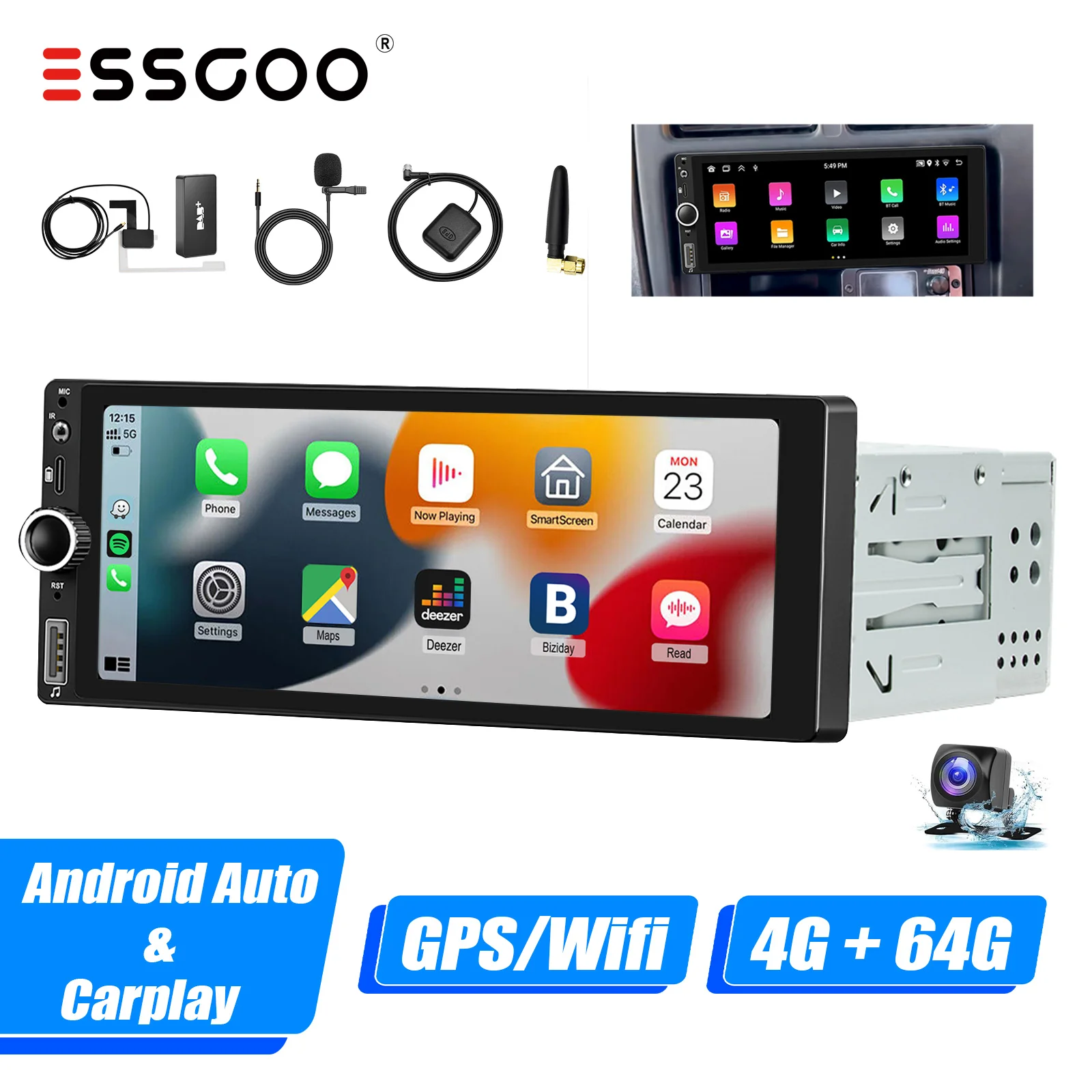 ESSGOO 1 DIN Android 14 4+64G Apple Carplay Android Auto Autoradio 6.86" IPS Scherm Bluetooth USB Type-C GPS SAT Navi RDS Wi-Fi SWC USB