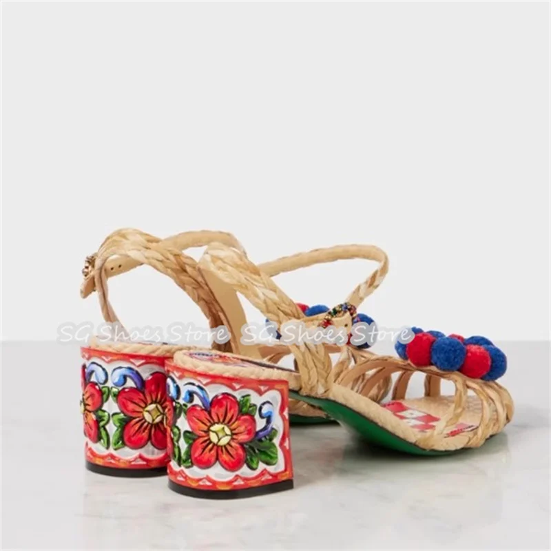 

Women Sandals Summer One-Strap Gladiator Shoes Bohemia Style Furry Ball Flower Decor Mixed Color Peep Toe Chunky Heel Pumps