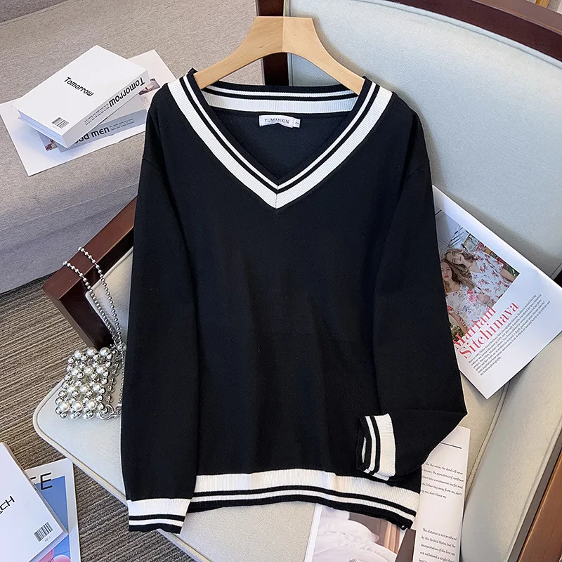 170Kg Plus Size Women\'s Bust 160 Spring Autumn Loose Pullover V-neck Underlay Sweater Stripe Knit 5XL 6XL 7XL 8XL 9XL 10XL